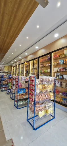 Vibrant blue display racks under bright shop ceiling lights